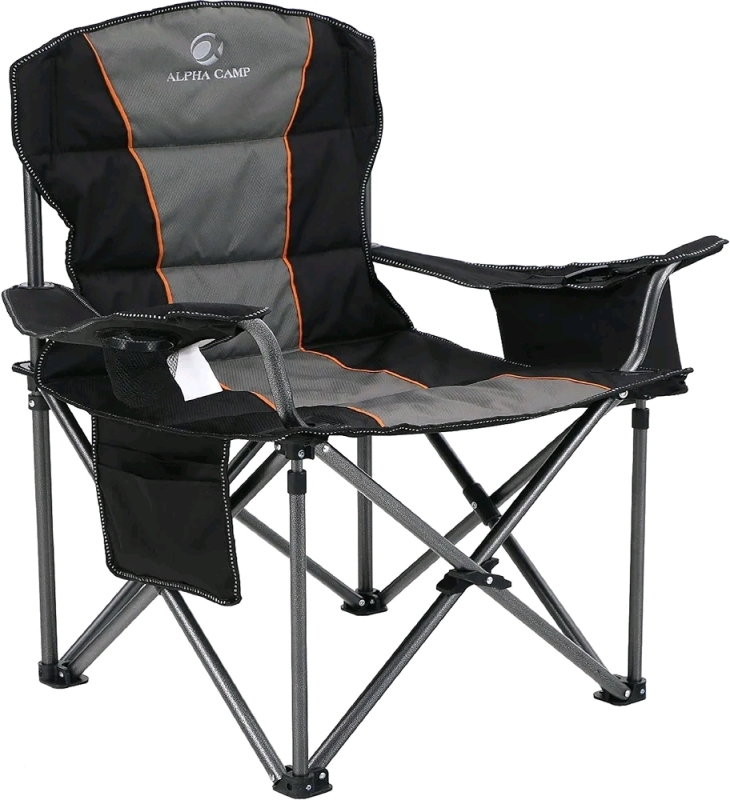 ALPHA CAMP Oversized Camping Folding Chair Heavy Duty with Cooler Bag Support 450 LBS Steel Frame Collapsible Black Stock photo used Retail $184.68