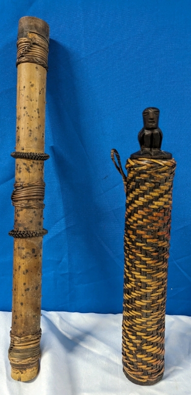 Wooden Rainstick and Woven Container with Carved Stopped