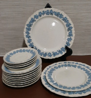 Wedgwood Queensware Embossed Lavender Blue 2 Dinner Plates 1 Luncheon Plate 4 Small Saucers and 8 Large Saucers China does show use.