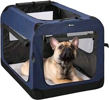 Veehoo Folding Soft Dog Crate, 3-Door Pet Kennel for Crate-Training Dogs, 5 x Heavy-Weight Mesh Screen, 600D Cationic Oxford Fabric, Indoor & Outdoor Use, 24", Dark Blue<br/>