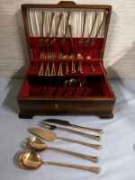 57 pcs Gold Tone Flatware in Wooden Case