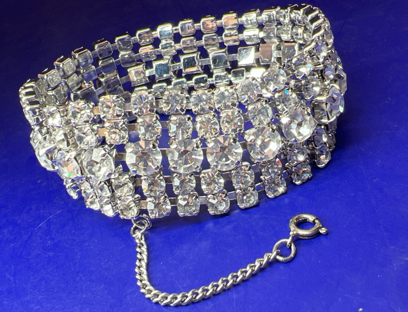 Vintage Wide Diamante Clear Rhinestone Bracelet w Safety