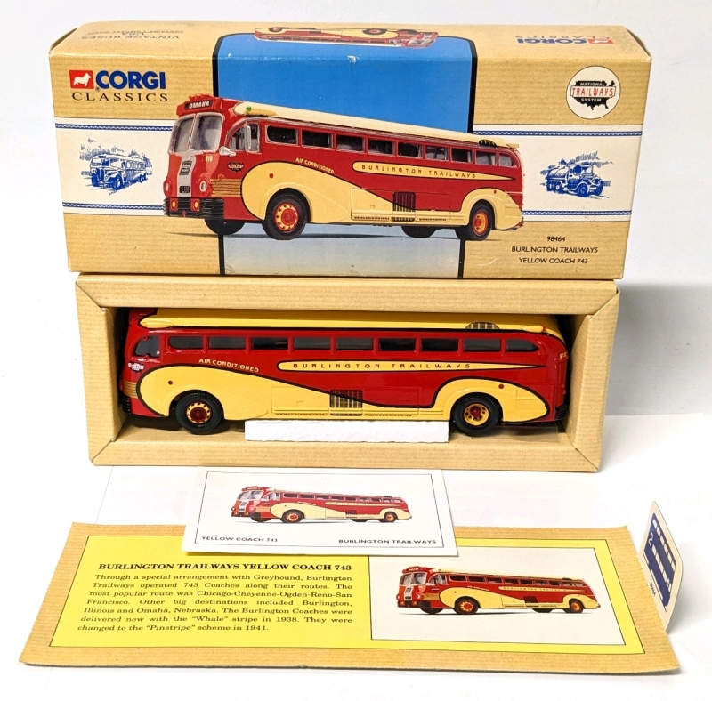 Vintage CORGI CLASSICS Diecast Model#98464 Burlington Trailways Yellow Coach 743 in Original Box 1:50 Scale