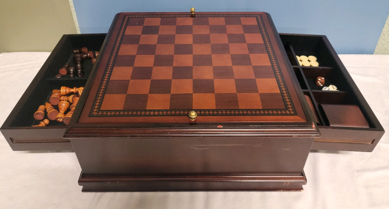 Chess , Backgammon & Checkers Game Box & Game Pieces . Missing 1 Checker