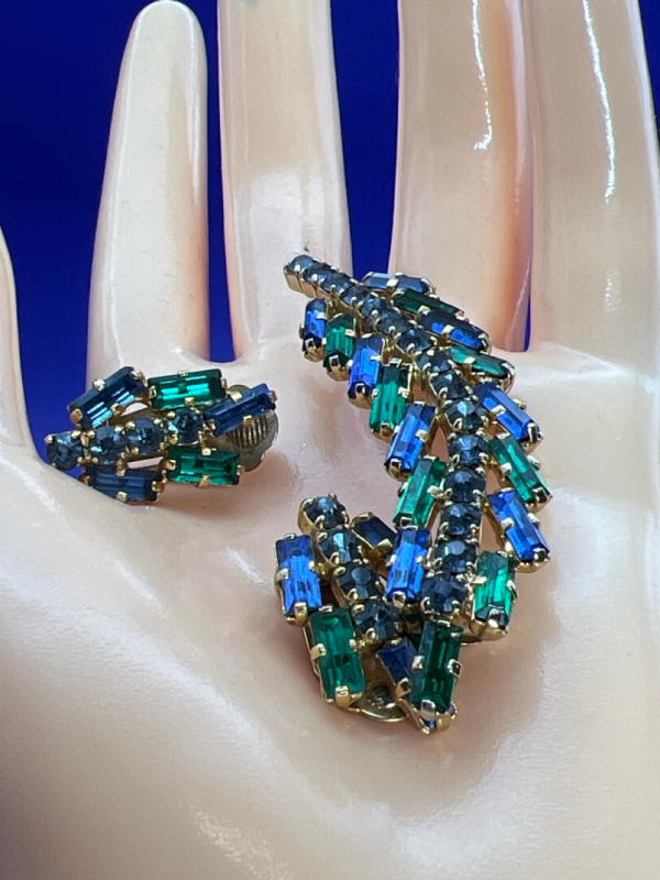 Green & Blue Baguette Feather Brooch and Earrings