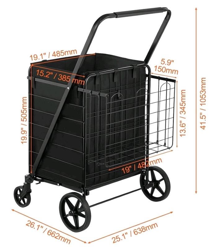 Folding Shopping Cart with Waterproof Liner & Back Shelf