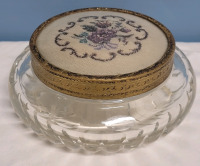 Vintage Petite Point Glass Gold Tone Vanity Jar w/Mirror Inside Lid . Measures 5.5" diameter