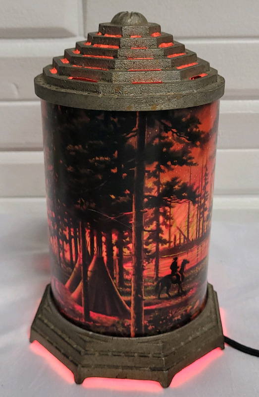 Vintage 1930s Forest Fire Motion Lamp made by 'Ignition Co., Omaha Nebraska.'