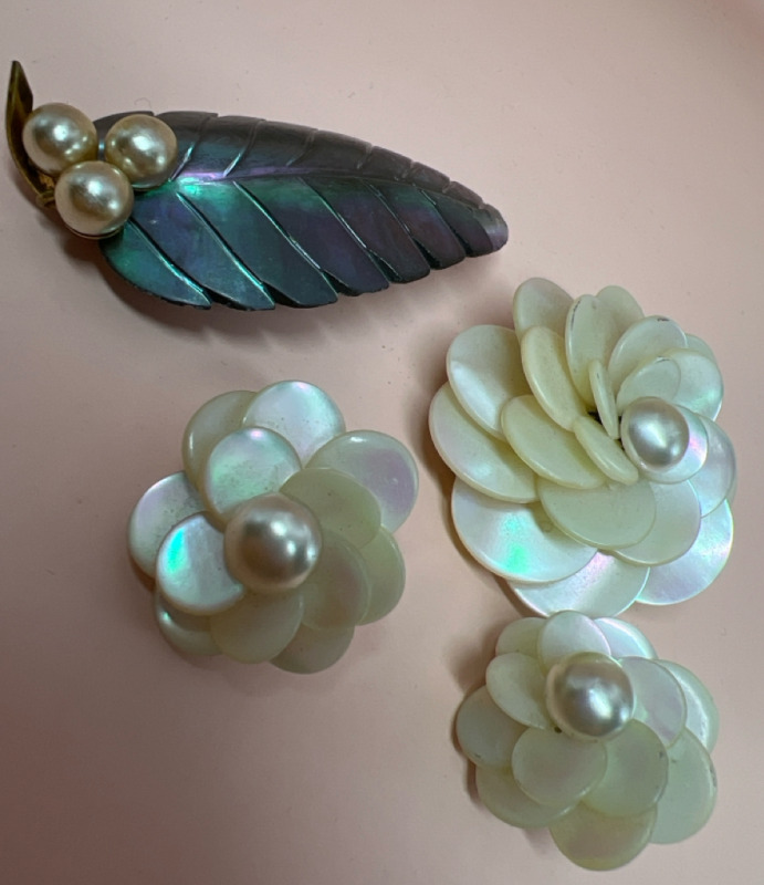 Vintage Mother of Pearl Dimensional Brooch Earrings Abalone Feather Brooch