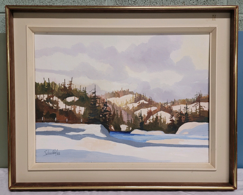 Winter Lake Scene Oil on Board Framed , Signed by Canadian Artist Jean-Guy Schnobb