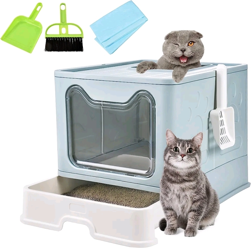 NEW Homagico Foldable Cat Litter Box with Lid, Extra Large Front Entry Top Exit, Drawer Type Enclosed Kitty Litter Box with Litter Scoop, Anti-Splashing Toilet Easy Cleaning（Blue）