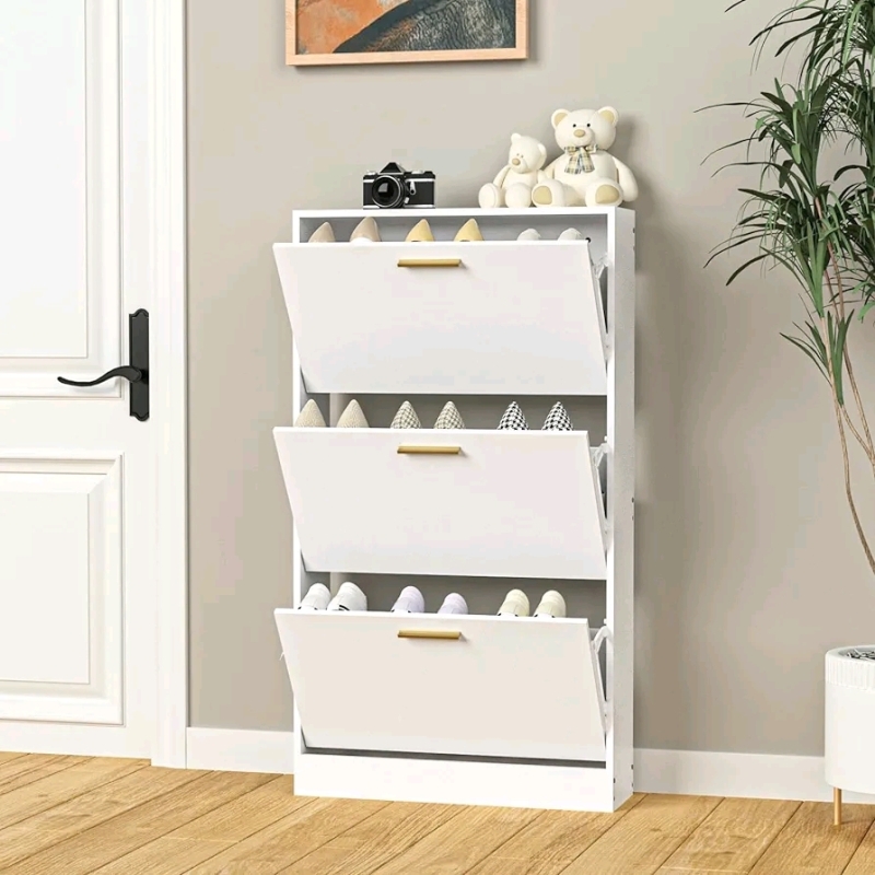 New NOVAMAISON Narrow Shoe Storage Cabinet with 3 Flip Drawers - SH0001WH