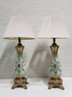 Pair of Vintage Smokey Mint Glass & Metal Lamps