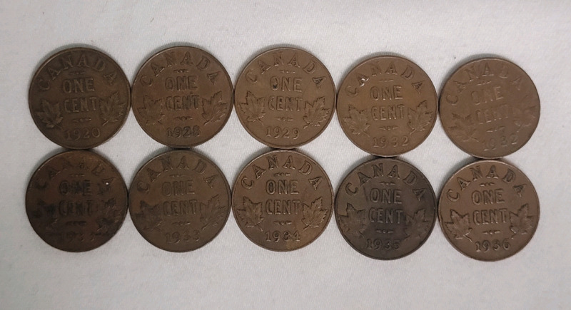 1920 - 1936 Canadian King George V Penny Lot . 10 Coins