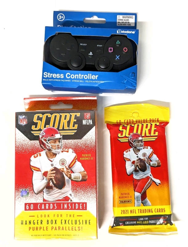 New SCORE 2021 NFL Football Trading Card Box (60 Cards), SCORE 2021 NFL Football Trading Card Value Pack (40 Cards) & Squishy PlayStation Stress Controller