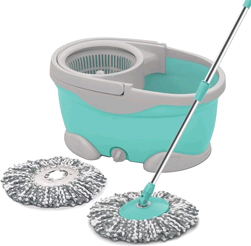 Spotzero by Milton Maxx Spin Mop Bucket on Wheels, Extendable Handle | Wringer Set | 360 Spinning Mop Bucket Floor Cleaning & Mopping System with 2 Microfiber Refills, Aqua Green