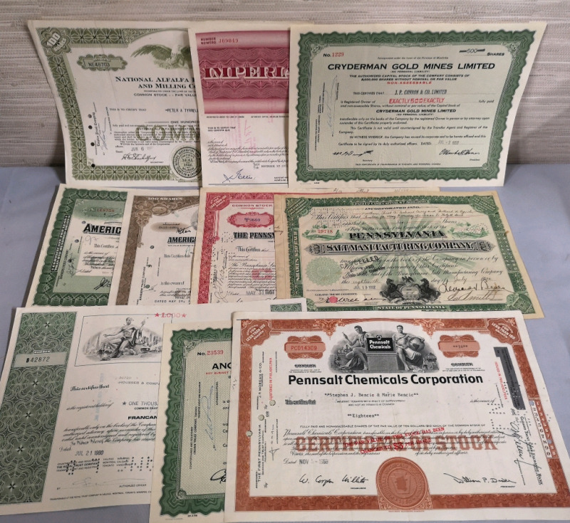 10 Vintage Expired Stocks - Chemicals, Salt, Oil, Milling, Telephone