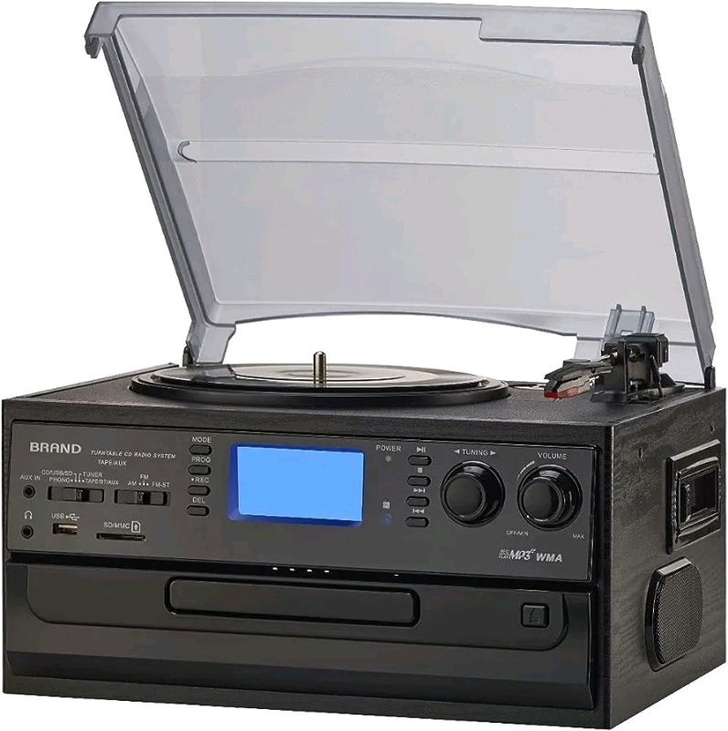 New 10-in-1 Bluetooth Turntable Record Player with Built-in Speaker, Vinyl Turntable CD Cassette and FM/AM Radio Combo, AUX in RCA Out USB MP3 Recording Headphone Jack Compact Turntable