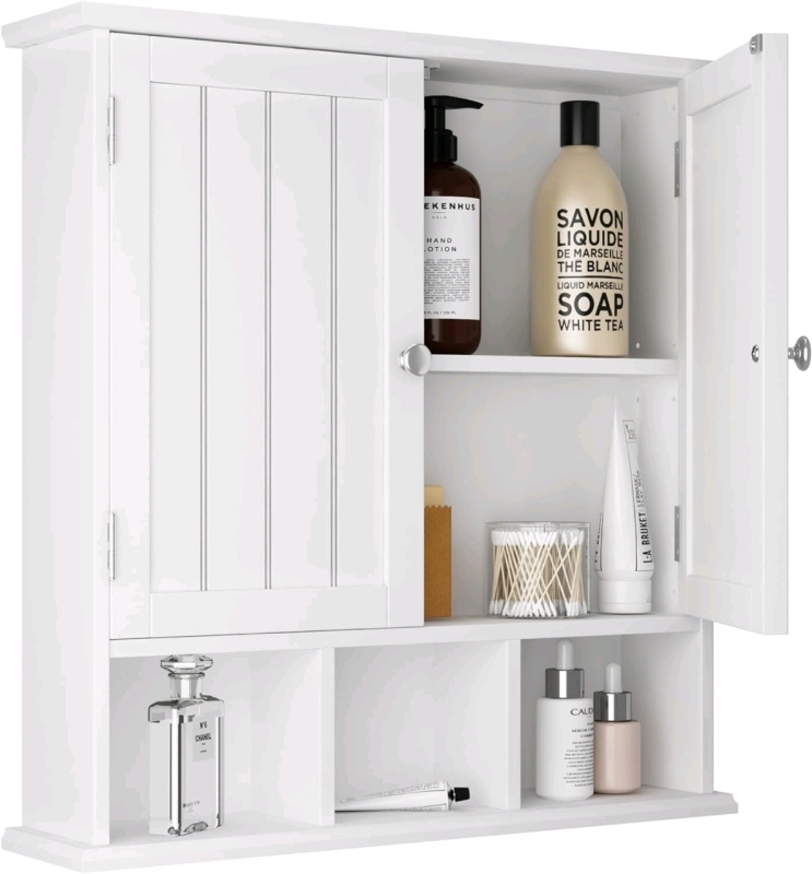 ChooChoo Bathroom Cabinet Wall Mounted 2-Door with 3 Open Shelves NC2201-WH