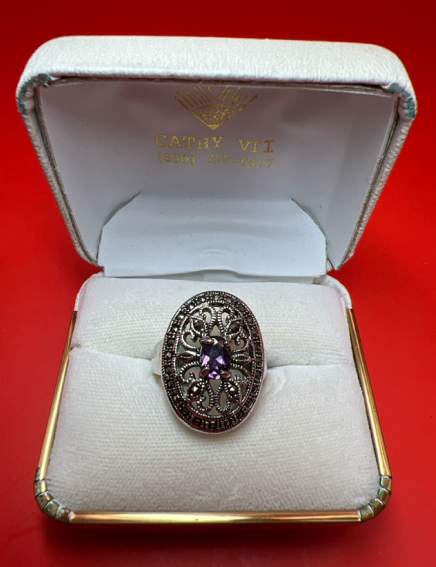 Oval Statement Scrolled Marcasite Purple Stone Ring