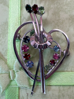 Sterling signed cde double Heart Brooch Beautiful Rhinestones