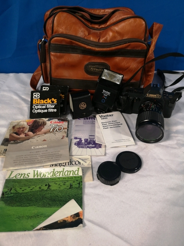 Canon T70 Camera with Blacks Carrying Case and Accessories