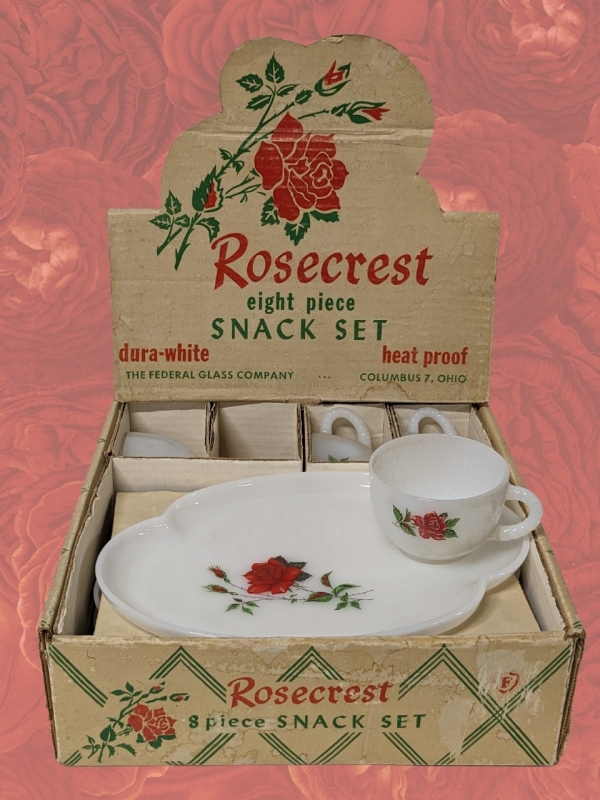 Vintage ROSECREST Eight Piece Snack Set (4 each Milk Glass Cups & Plates) from The Federal Glass Company with Original Box