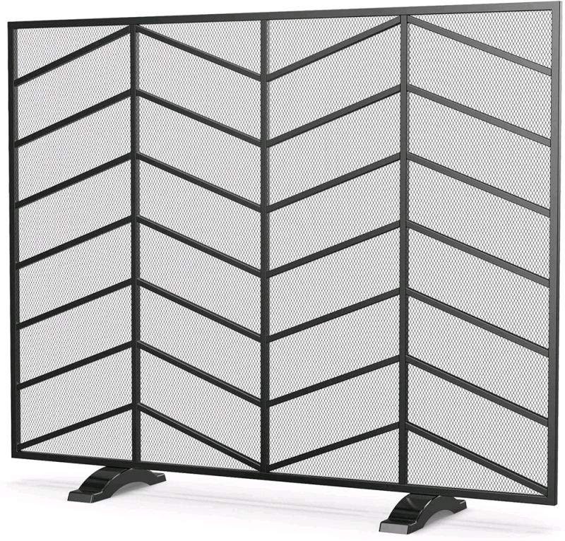 New - Fire Beauty Single Panel Handcrafted Wrought Iron Mesh Chevron Fireplace Screen