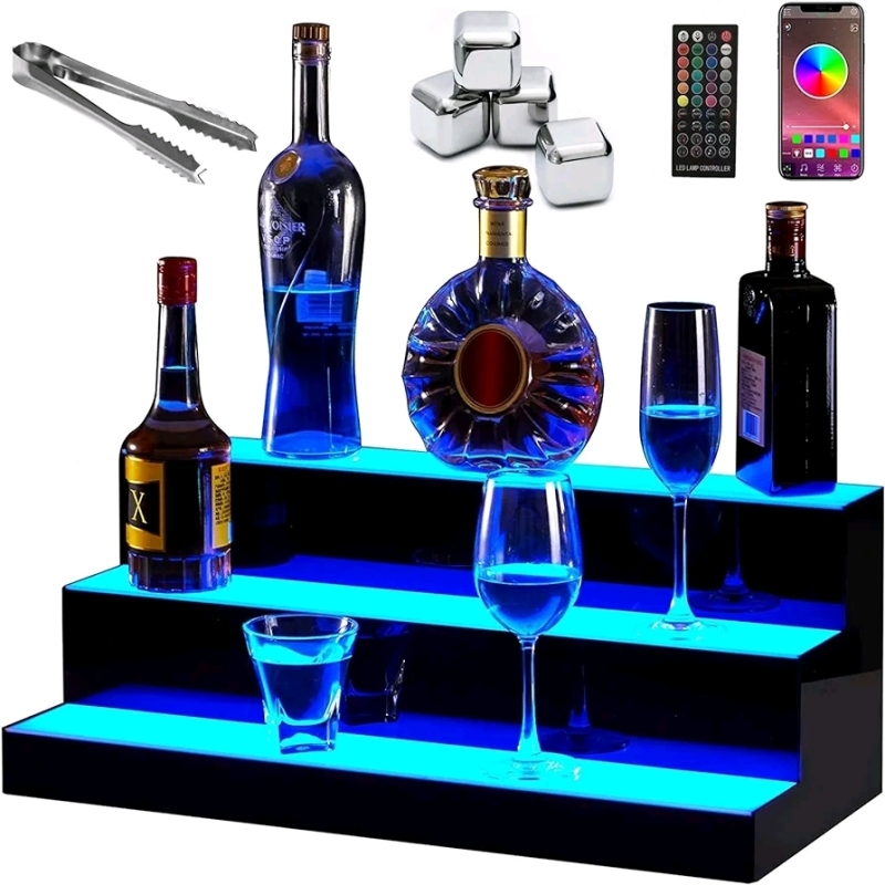 Kareturn 24 inch Dismantable Liquor Bottle Display Shelf 3 Step Bluetooth Control and Remote All parts appear to be present but are not verifies Sold as is