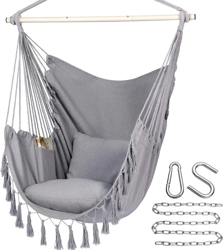 NEW Y STOP Hammock Chair Hanging Rope Swing, Max 500 Lbs, 2 Cushions Included, Large Macrame Hanging Chair with Pocket, Cotton Weave for Superior Comfort, Durability