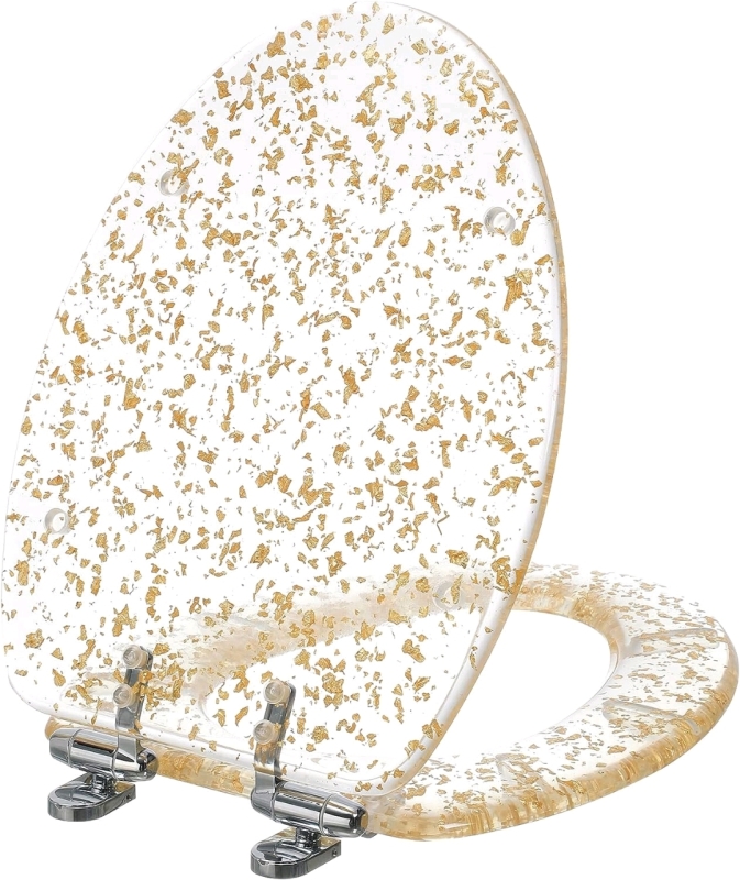 NEW Resin Toilet Seat Elongated Soft Close Quick Release Heavy Duty Toilet Seats with Glitter Cover Acrylic Seats Gold Foil 19 Inch