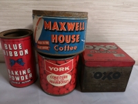 4 Vintage Tins - Blue Ribbon, York, OXO & Maxwell