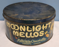 Vintage Patterson Chocolates MOONLIGHT MELLOS Candy Tin . Measures 10 3/4"×5"