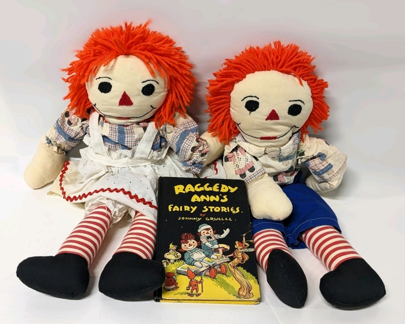 Vintage 24" Homemade RAGGEDY ANNE & ANDY Rag Dolls & 1928 Raggedy Anne's Fairy Stories by Johnny Gruelle