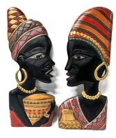 Vintage Pair of Colorful Carved Wooden Wall Plaques 19.5" Tall each