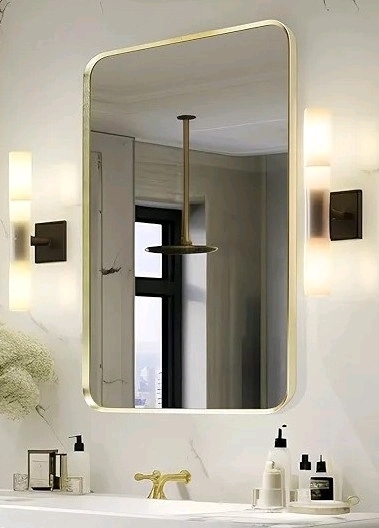 New Minuover Wall Mount Brushed Gold Metal Rounded Frame Corner Vanity Mirror (16" x 20", Gold)