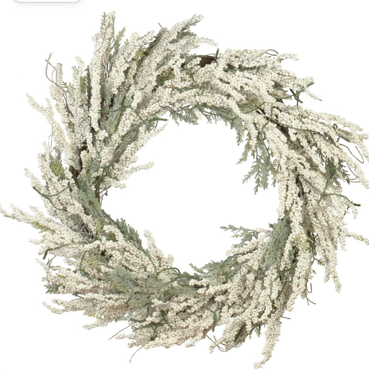 Red Co. 30" Christmas Wreath with White Berries and Cedar Leaves, Battery Operated LED Lights, Artificial