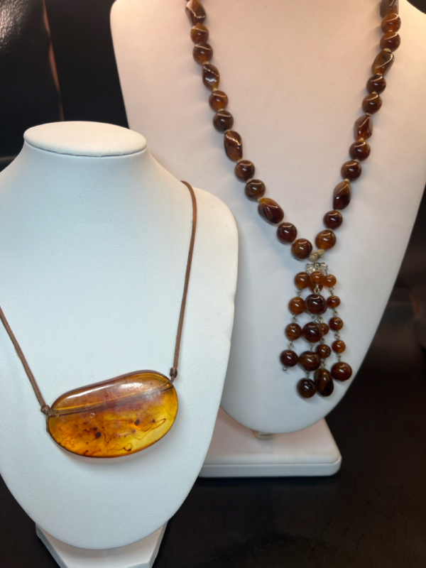 Large Free Form Amber Stone Roped chain Vintage Glass Necklace