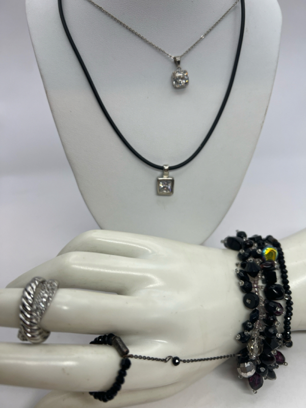 Black Bead Finger Bracelet & CZ Necklaces