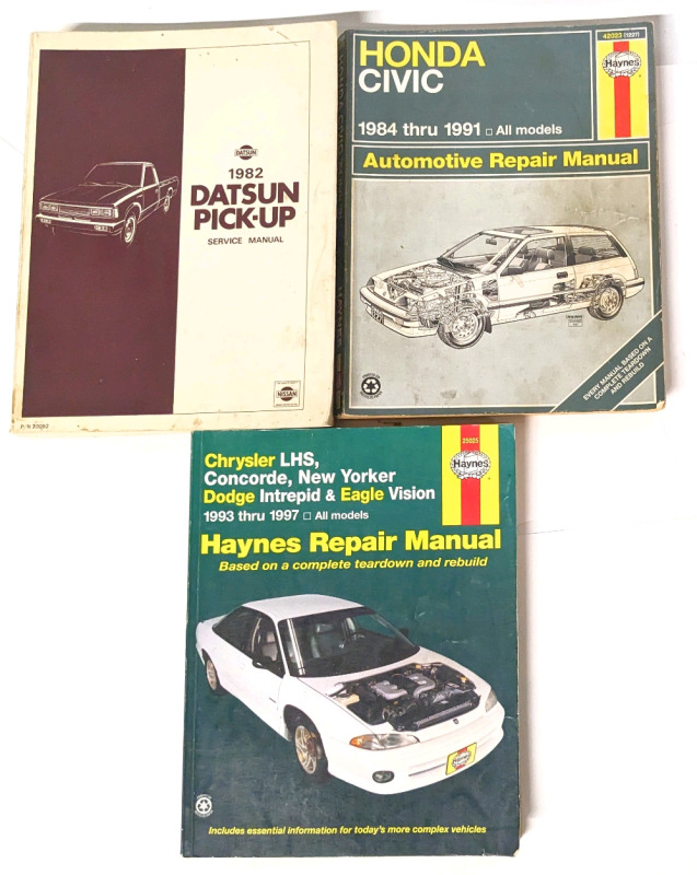 3 Vintage Car Repair / Service Manuals : 1982 Datsun Pick-Up, Honda Civic 1984 - 1991, Chrysler LHS / Dodge Intrepid / Eagle Vision 1993 - 1997
