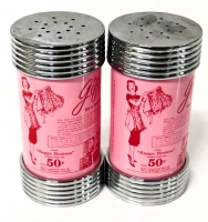 Pair of Retro Kellogg Silver & Pink " Happy Hostess/ Gift For a Friend " Salt & Pepper Shakers