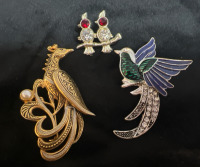 Vintage Toledo Damascene Bird Enamel Rhinestone Bird Brooches