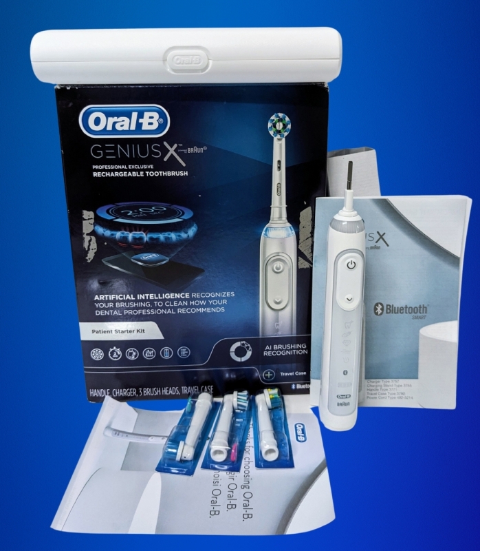 New Open Box ORAL-B GENIUS X Professional Exclusive Rechargeable Toothbrush with Charger, 3 Brush Heads & Travel Case