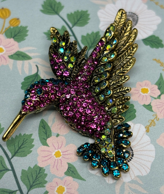 Rhinestone Hummingbird Brooch Pendant Vintage