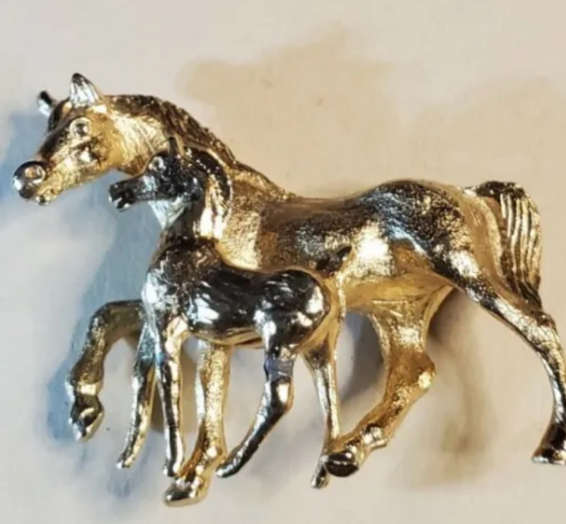 Vintage Napier Brooch 2 Horse Mare & Foal Brushed