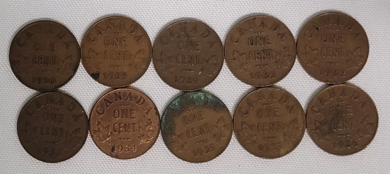 1920 - 1936 Canadian King George V Small Cent Penny Lot . 10 Coins in Various Condition