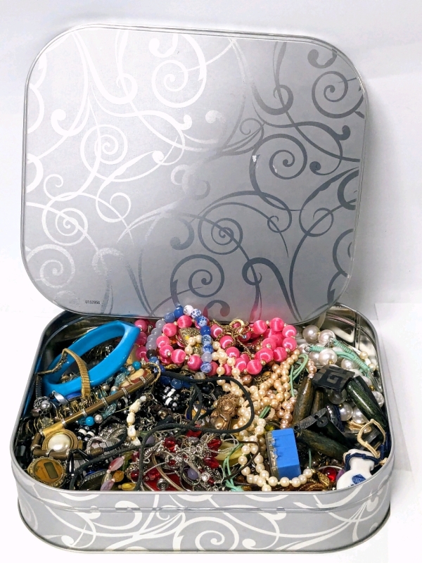 Unsorted Assorted Jewelry in Cookie Tin