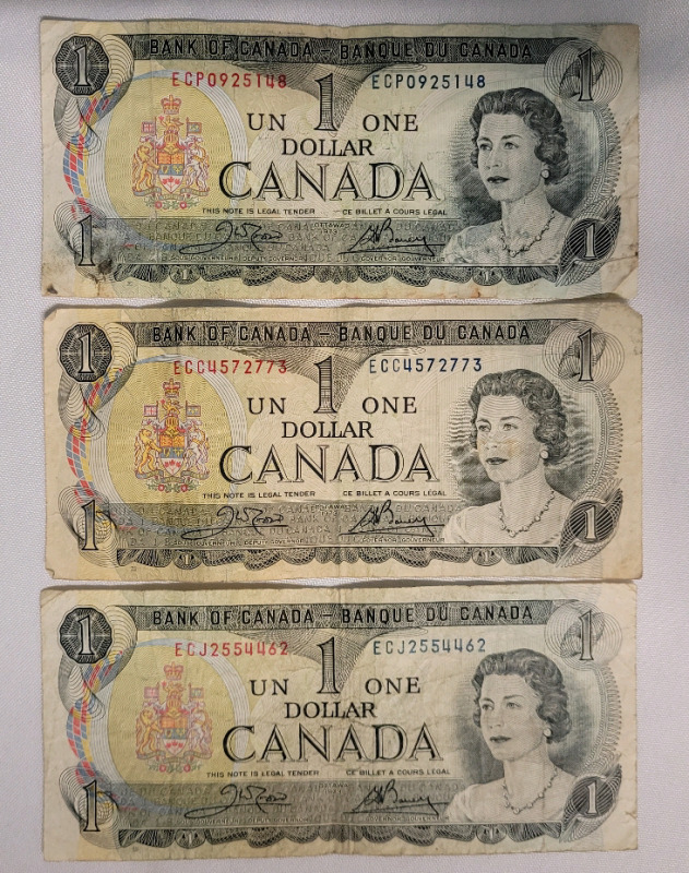 1973 Canadian One Dollar Bank Notes , Three (3) Bank Notes . All Bills have been in circulation