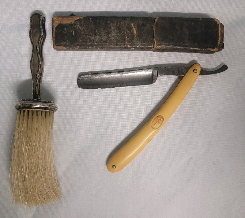 Vintage H . Boker & Co Straight Razor w/Case & Silver Plate Shaving Cream Brush Dated 1900