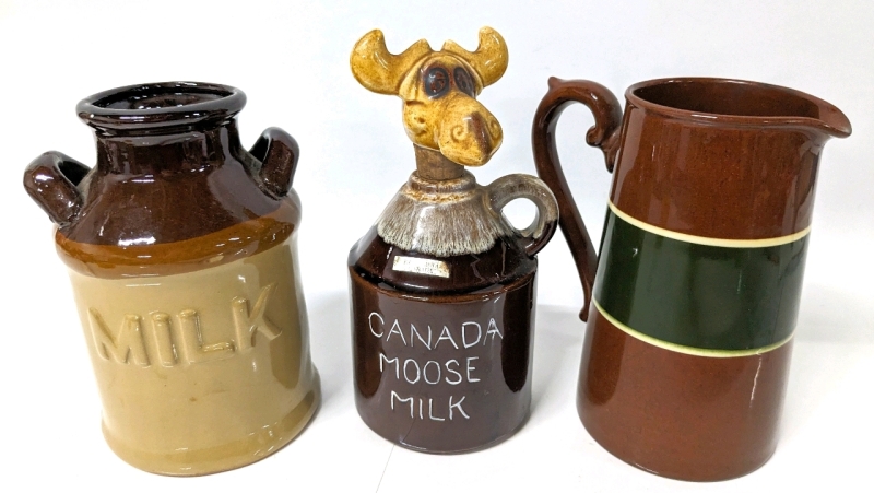 Vintage Pottery: Canada Moose Milk Jug with Stopper (Crown Art Ceramics, Nagoya Japan), Small Milk Jug & Gibson's Made in England Pitcher